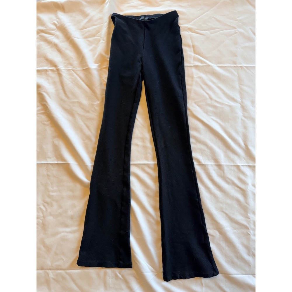 Naked Wardrobe Womens Black Ribbed Knit High Rise Flare Leg Pants Small